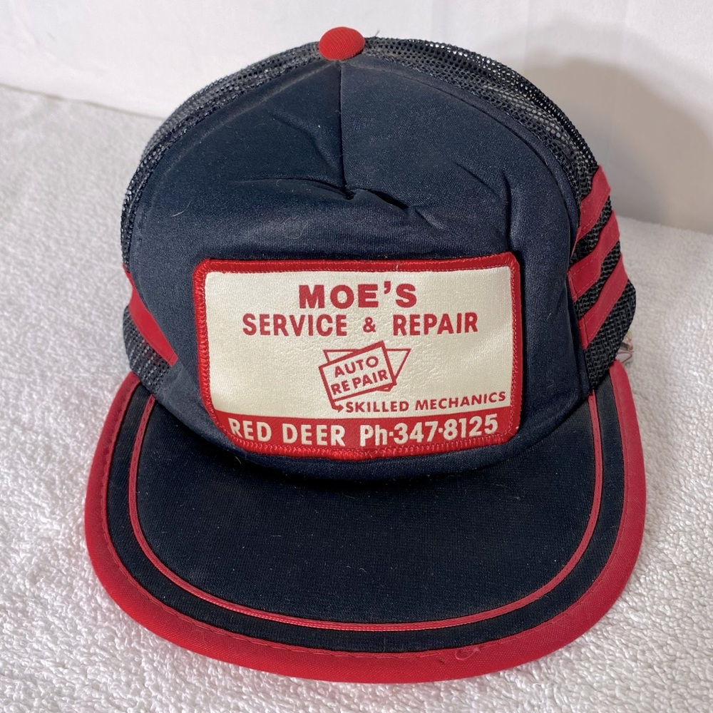 Vintage Black Red Moe’s Service & Repair Mesh Back Snap Back Trucker Hat